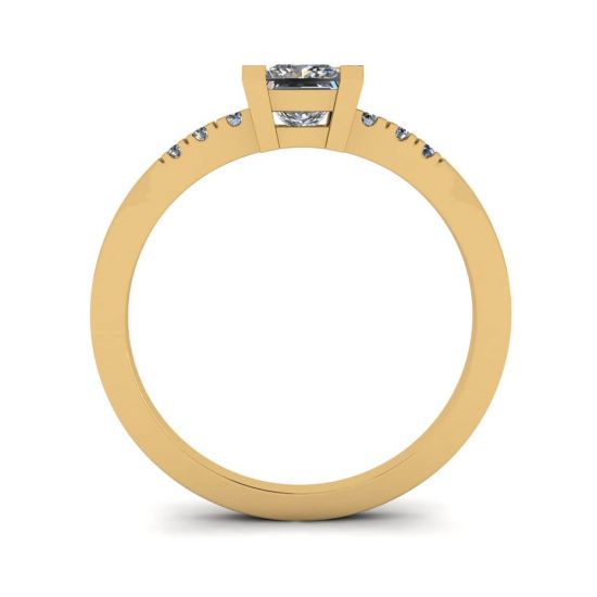 Princess Cut Diamond Ring with 3 Small Side Diamonds Yellow Gold,  Enlarge image 2