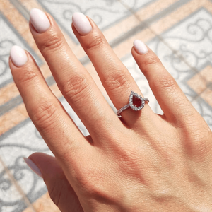 Pear-Shaped Ruby Ring with Diamond Halo 