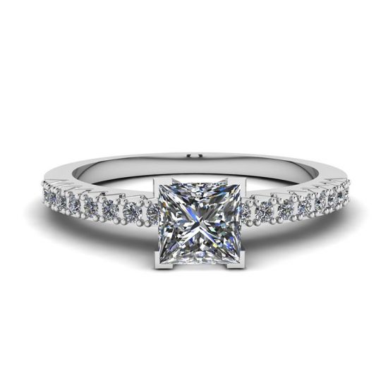 Princess Cut Diamond Ring in V with Side Pave, Enlarge image 1