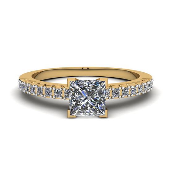 Princess Cut Diamond Ring in V with Side Pave Yellow Gold, Enlarge image 1