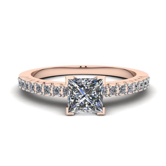 Princess Cut Diamond Ring in V with Side Pave Rose Gold, Enlarge image 1
