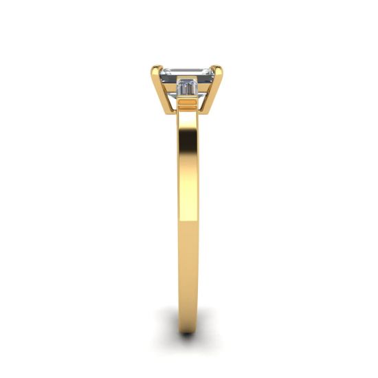 Emerald Cut and Side Baguette Diamond Ring Yellow Gold,  Enlarge image 3