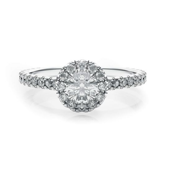 18K White Gold Ring with Round Diamond in Halo, Enlarge image 1