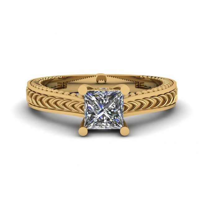 Oriental Style Princess Cut Diamond Ring 18K Yellow Gold