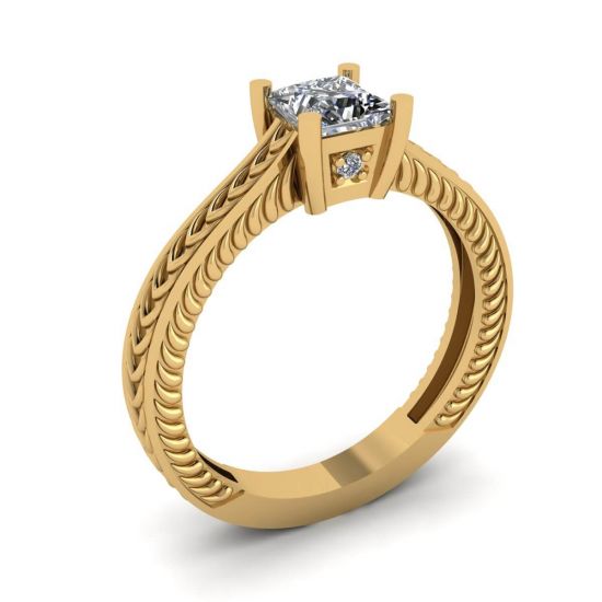Oriental Style Princess Cut Diamond Ring 18K Yellow Gold,  Enlarge image 4