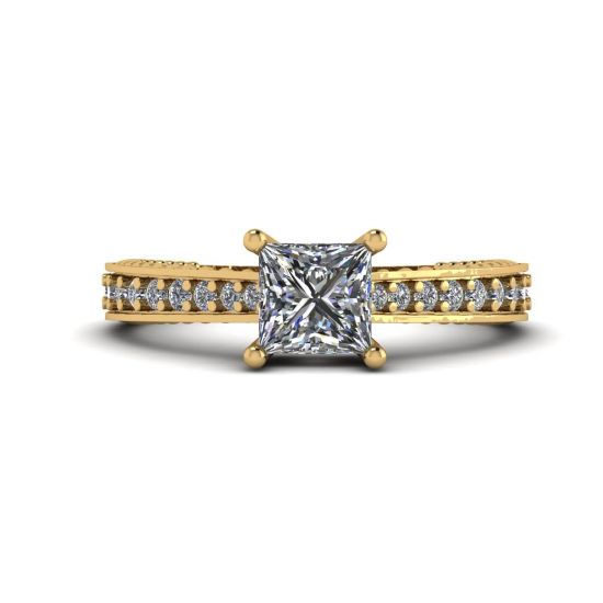 Oriental Style Princess Diamond Ring with Pave in 18K Yellow Gold, Enlarge image 1