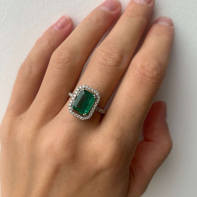 Halo Diamond Emerald Cut Ring