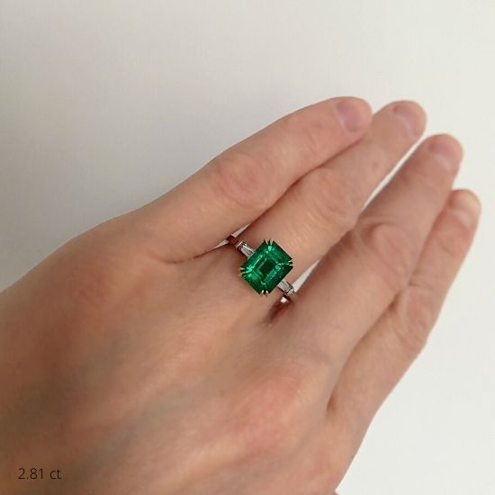 3 carat Emerald Ring with Side Diamonds Baguette Yellow Gold,  Enlarge image 5