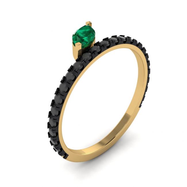 Black Diamonds Pave Eternity Ring with Emerald Leaf Yellow Gold - Photo 3