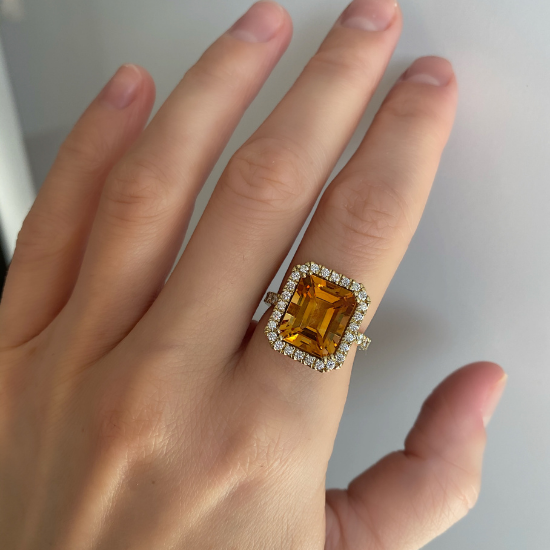 Ring with 5 carat Citrine in Diamond Halo,  Enlarge image 2