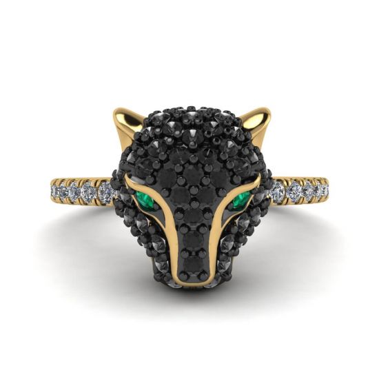 Emerald and Diamond Panther Ring Yellow Gold