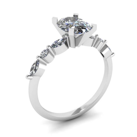Oval Diamond Side Marquise and Round Stones Ring White Gold,  Enlarge image 4
