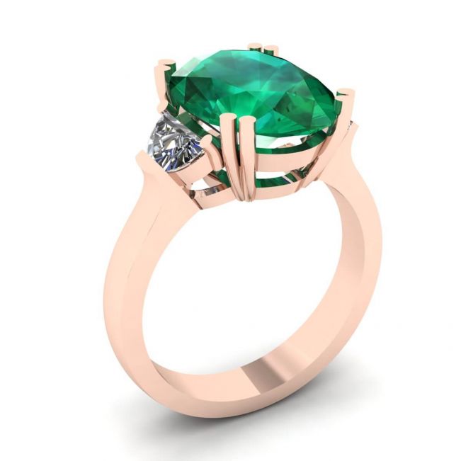 Oval Emerald with Half-Moon Side Diamonds Ring Rose Gold - Photo 3