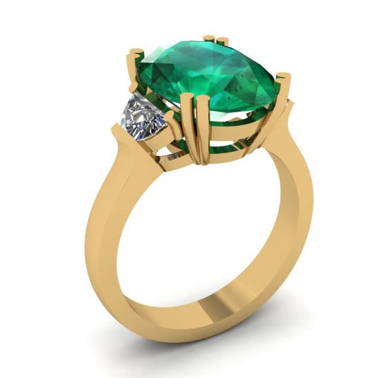 Oval Emerald with Half-Moon Side Diamonds Ring Yellow Gold,  Enlarge image 4