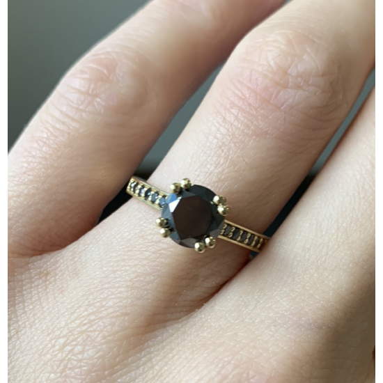 Round Black Diamond with Black Pave 18K Yellow Gold Ring