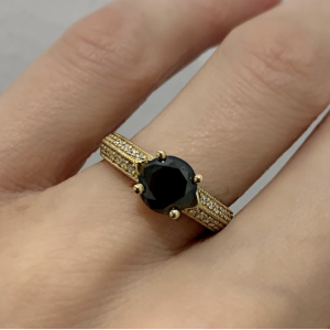 Round Black Diamond with Double Side Pave in Yellow Gold