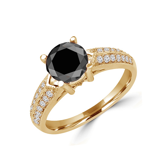 Round Black Diamond with Double Side Pave in Yellow Gold,  Enlarge image 2