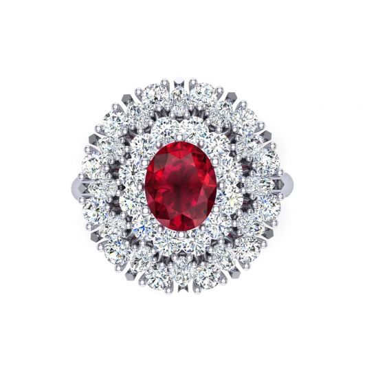 Ring with oval ruby and diamonds flower style, Enlarge image 1