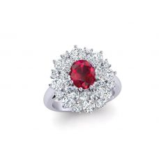 Ring with oval ruby and diamonds flower