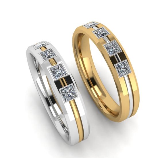 Men Flat Wedding Ring with 4 Diamonds Mix Gold,  Enlarge image 4
