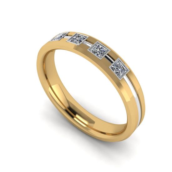 Men Flat Wedding Ring with 4 Diamonds Mix Gold, Enlarge image 1