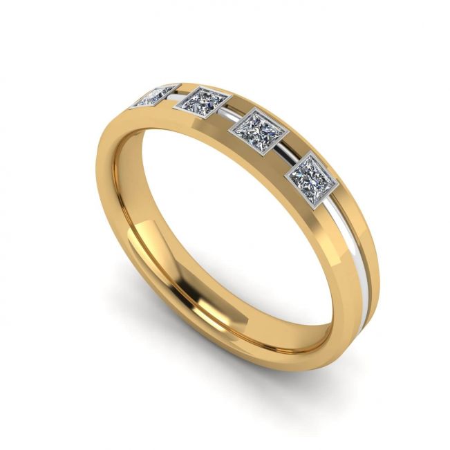 Men Flat Wedding Ring with 4 Diamonds Mix Gold