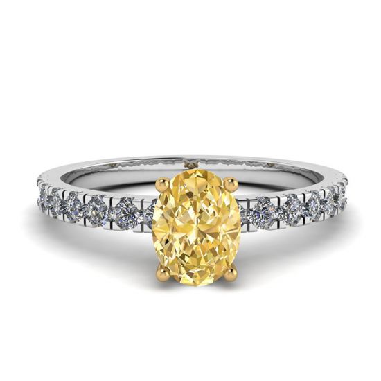 Oval Yellow Diamond with Side Pave Ring, Enlarge image 1