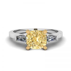 Cushion Yellow Diamond with White Baguettes Ring