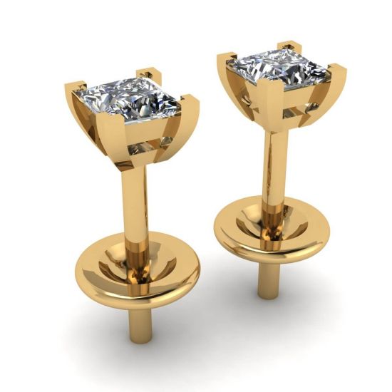 Princess-Cut Diamond Stud Earrings Yellow Gold ,  Enlarge image 3