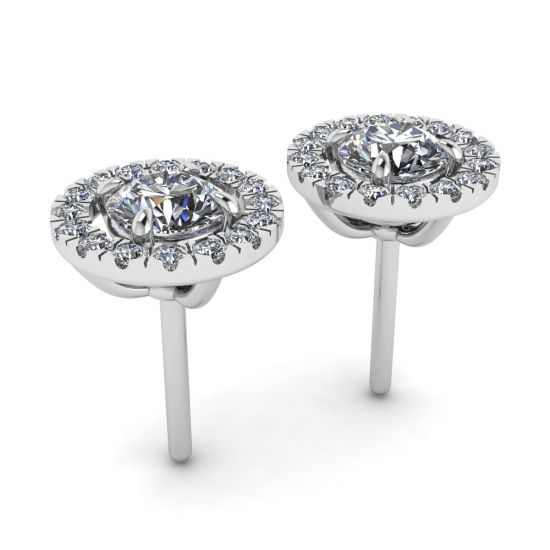Round Diamond Halo Stud Earrings in 18K White Gold,  Enlarge image 3