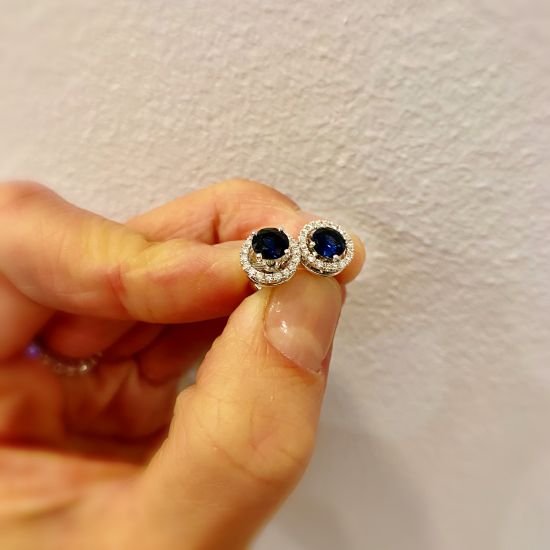Sapphire Stud Earrings with Detachable Diamond Halo Rose Gold,  Enlarge image 4