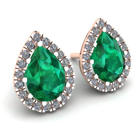 Pear-Shaped Emerald with Diamond Halo Earrings Rose Gold,  Enlarge image 2