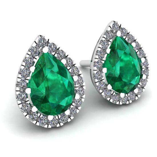 Pear-Shaped Emerald with Diamond Halo Earrings,  Enlarge image 2