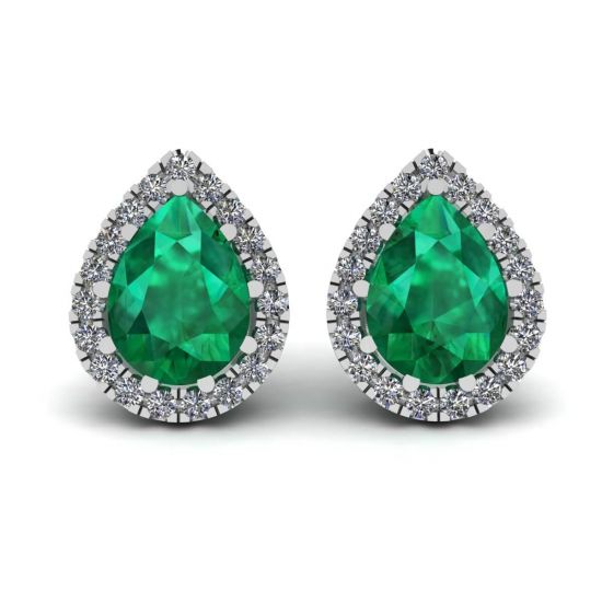 Pear-Shaped Emerald with Diamond Halo Earrings, Image 1