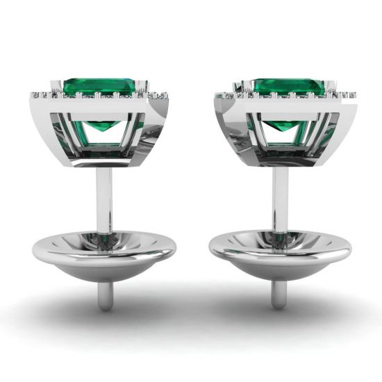 2 carat Emerald with Diamond Halo Stud Earrings White Gold,  Enlarge image 2