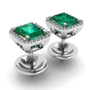 2 carat Emerald with Diamond Halo Stud Earrings White Gold - Photo 2