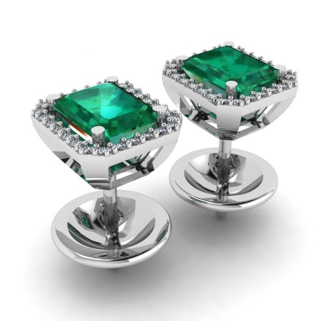 2 carat Emerald with Diamond Halo Stud Earrings White Gold - Photo 2