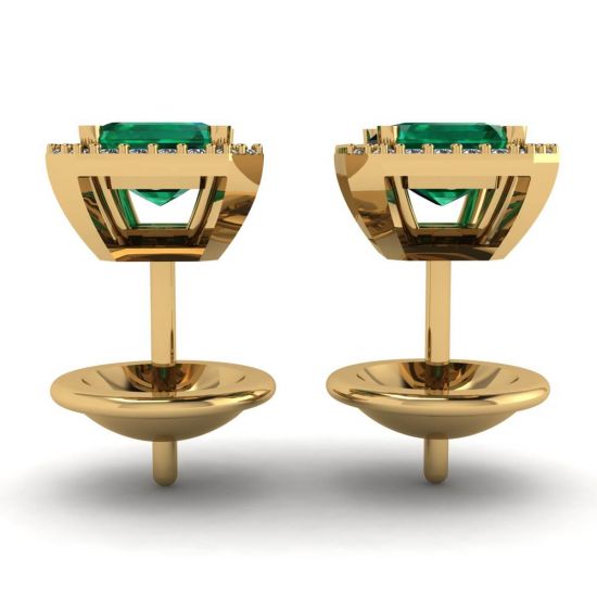 2 carat Emerald with Diamond Halo Stud Earrings in Yellow Gold,  Enlarge image 2