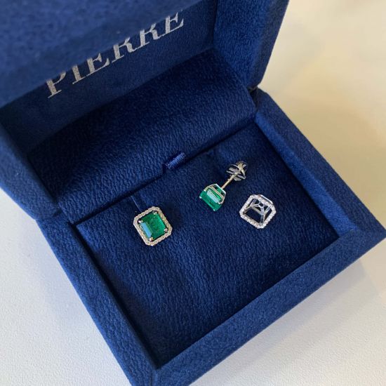 2 carat Emerald with Diamond Halo Stud Earrings