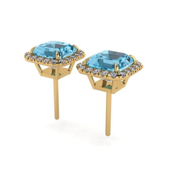 Square Swiss Blue Topaz Stud Earrings with Diamond Halo,  Enlarge image 2