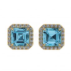 Square Swiss Blue Topaz Stud Earrings with Diamond Halo