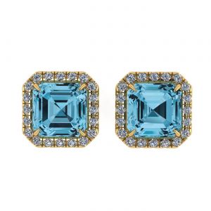 Square Swiss Blue Topaz Stud Earrings with Diamond Halo