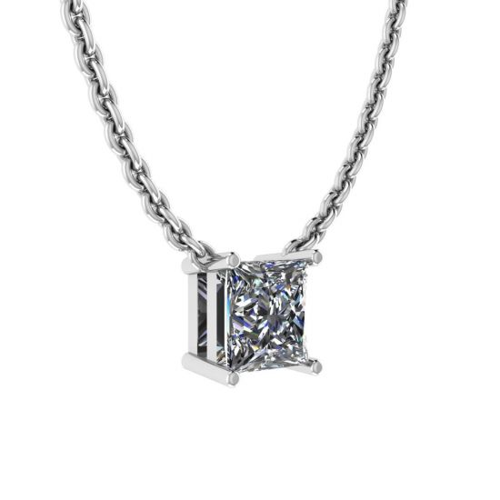 Princess Diamond Solitaire Necklace on Thin Chain White Gold,  Enlarge image 2