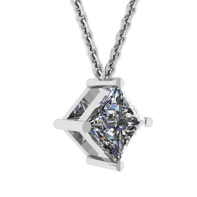 Rhombus Princess Cut Diamond Solitaire Necklace White Gold - Photo 1