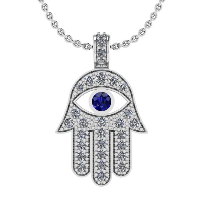 Hamsa Pendant with Diamonds and Sapphires White Gold