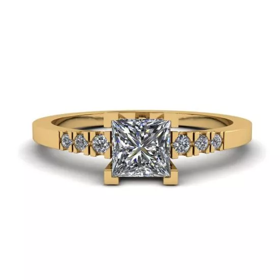 Princess Cut Diamond Ring with 3 Small Side Diamonds Yellow Gold, Enlarge image 1