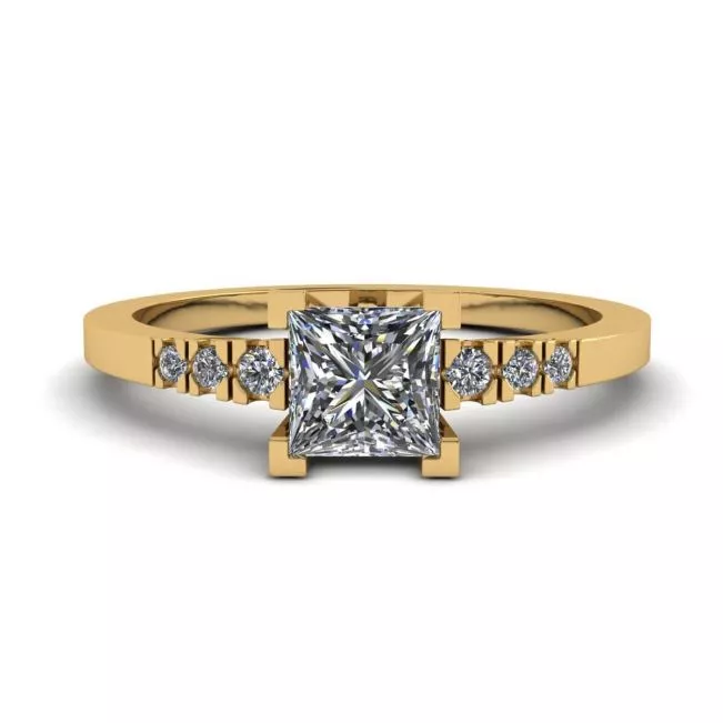 Princess Cut Diamond Ring with 3 Small Side Diamonds Yellow Gold