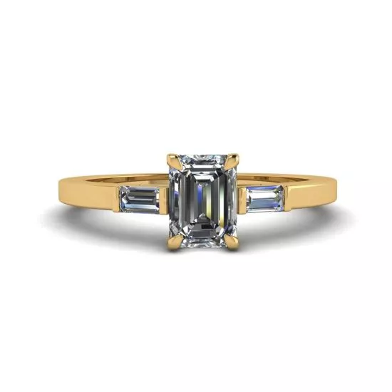 Emerald Cut and Side Baguette Diamond Ring Yellow Gold, Enlarge image 1