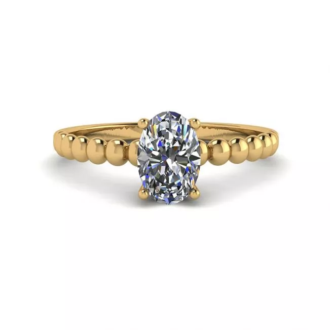 Oval Diamond on Beaded 18K Yellow Gold Ring