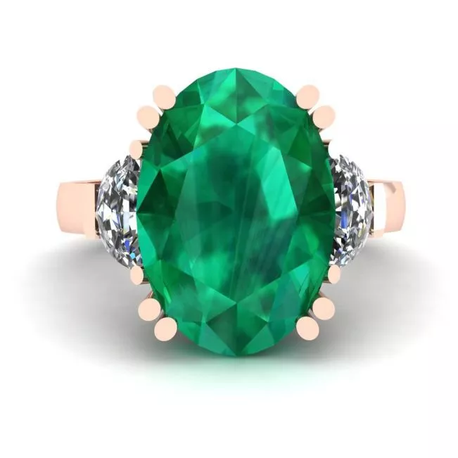 Oval Emerald with Half-Moon Side Diamonds Ring Rose Gold